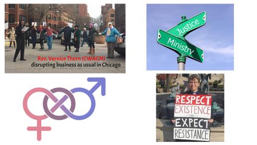 collage of CWACM agenda images: protests. male and female symbols, and street signs at intersection that say "Justice" and "Ministry."