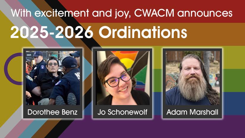 Photos of the three ordinands with the intersex-inclusive pride flag in the background.