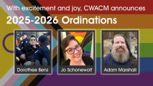 Photos of the three ordinands with the intersex-inclusive pride flag in the background.